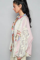 POL Lace Long Sleeve Shirt with Floral and Striped Pattern OutfitFlow